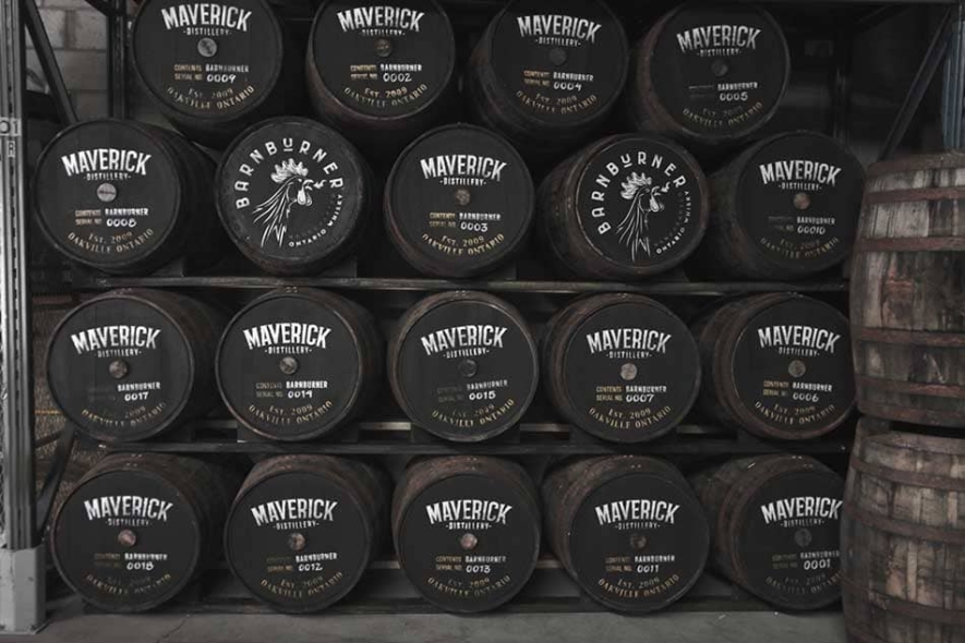 Barrel wall in the distillery.