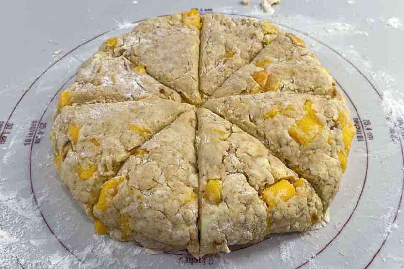Vanilla peach scones formed and cut before baking.