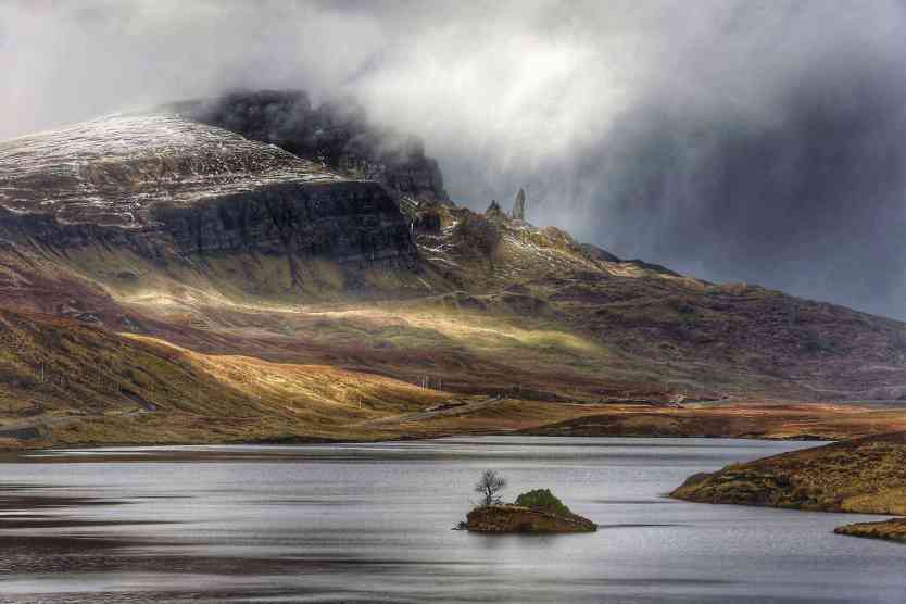 Old Man of Storr over Loch Foda on the Isle of Skye.