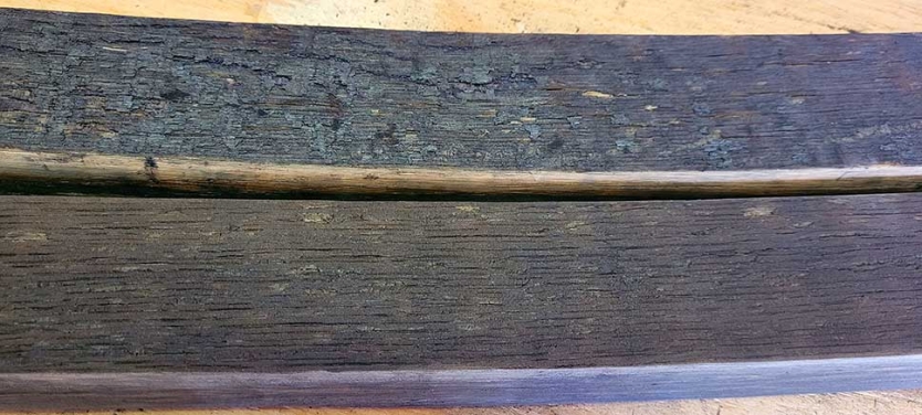 Un-sanded vs. sanded inner surface of stave.